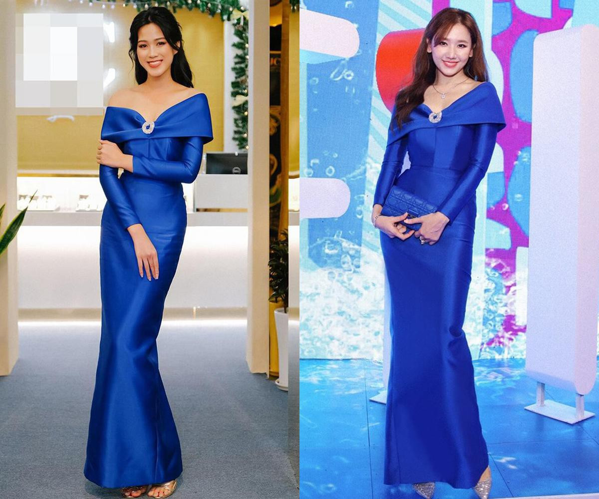 Bộ váy trễ vai màu xanh gợi cảm đều được Đỗ Thị Hà và bà xã của MC Trấn Thành - Hari Won mặc trong hai sự kiện khác nhau.