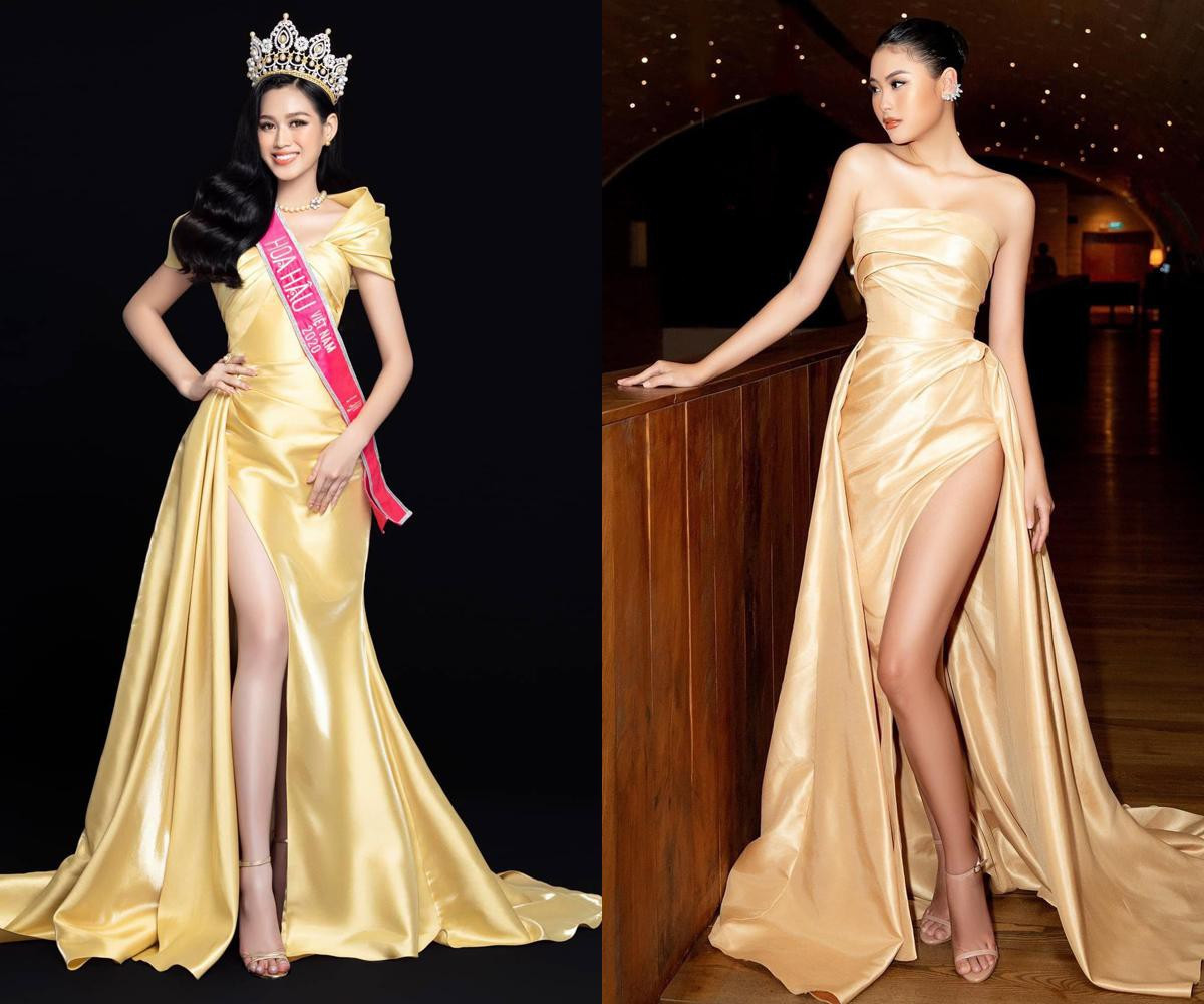 Bộ váy dạ hội màu vàng xẻ đùi gợi cảm đều tôn lên vẻ đẹp lộng lẫy, quyến rũ của Hoa hậu Đỗ Thị Hà và Người đẹp Biển HHVN 2016 Đào Thị Hà.
