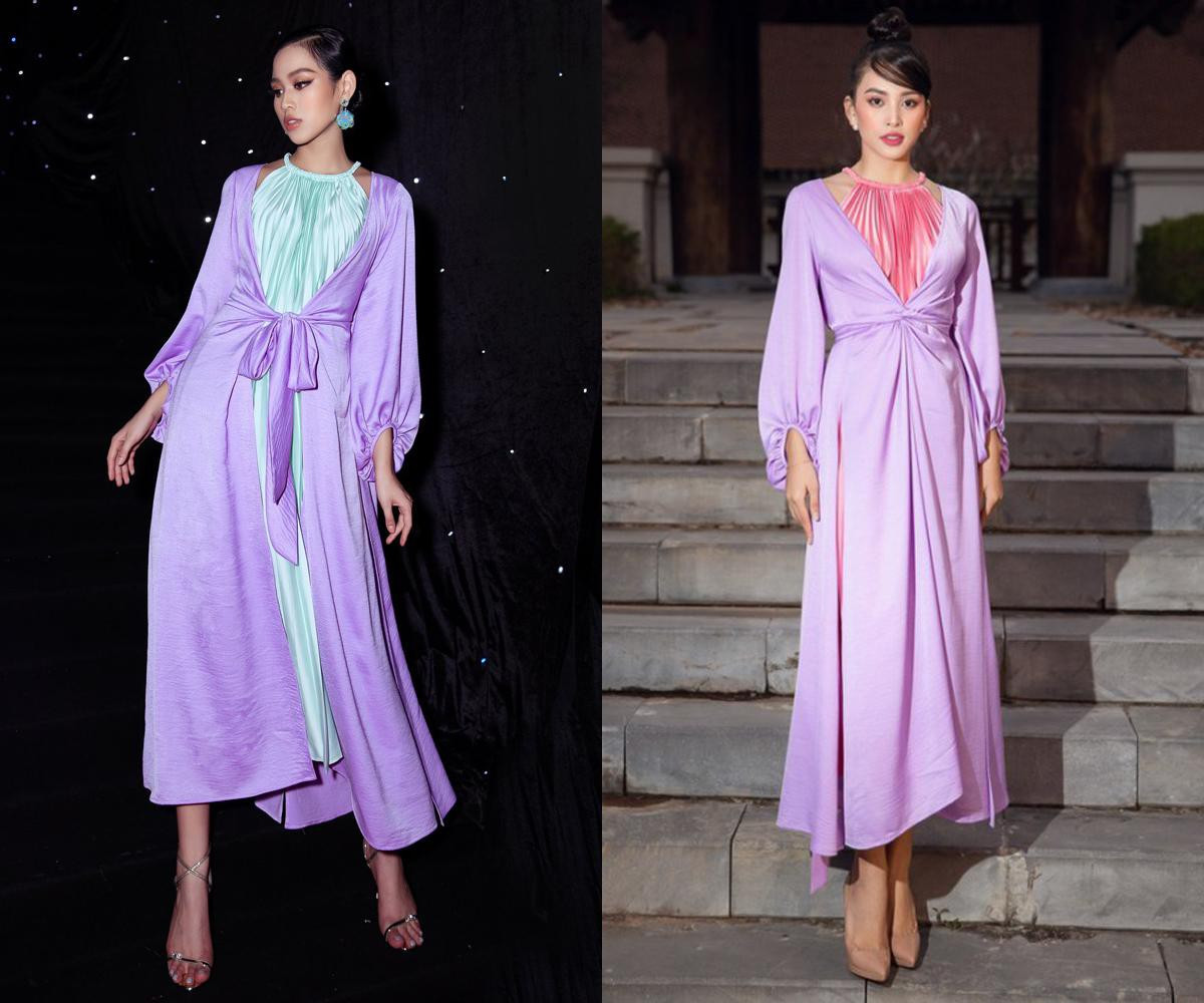 Cùng diện mẫu váy yếm cách điệu gam màu tím thanh lịch, Hoa hậu Đỗ Thị Hà và đàn chị Tiểu Vy đều nhận được những lời khen ngợi.