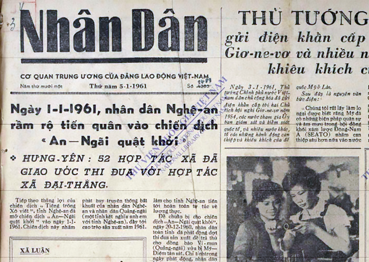 Báo Nhân dân số ra ngày 5/1/1961 đưa tin nhân dân Nghệ An rầm rộ tiến vào chiến dịch An - Ngãi quật khởi.