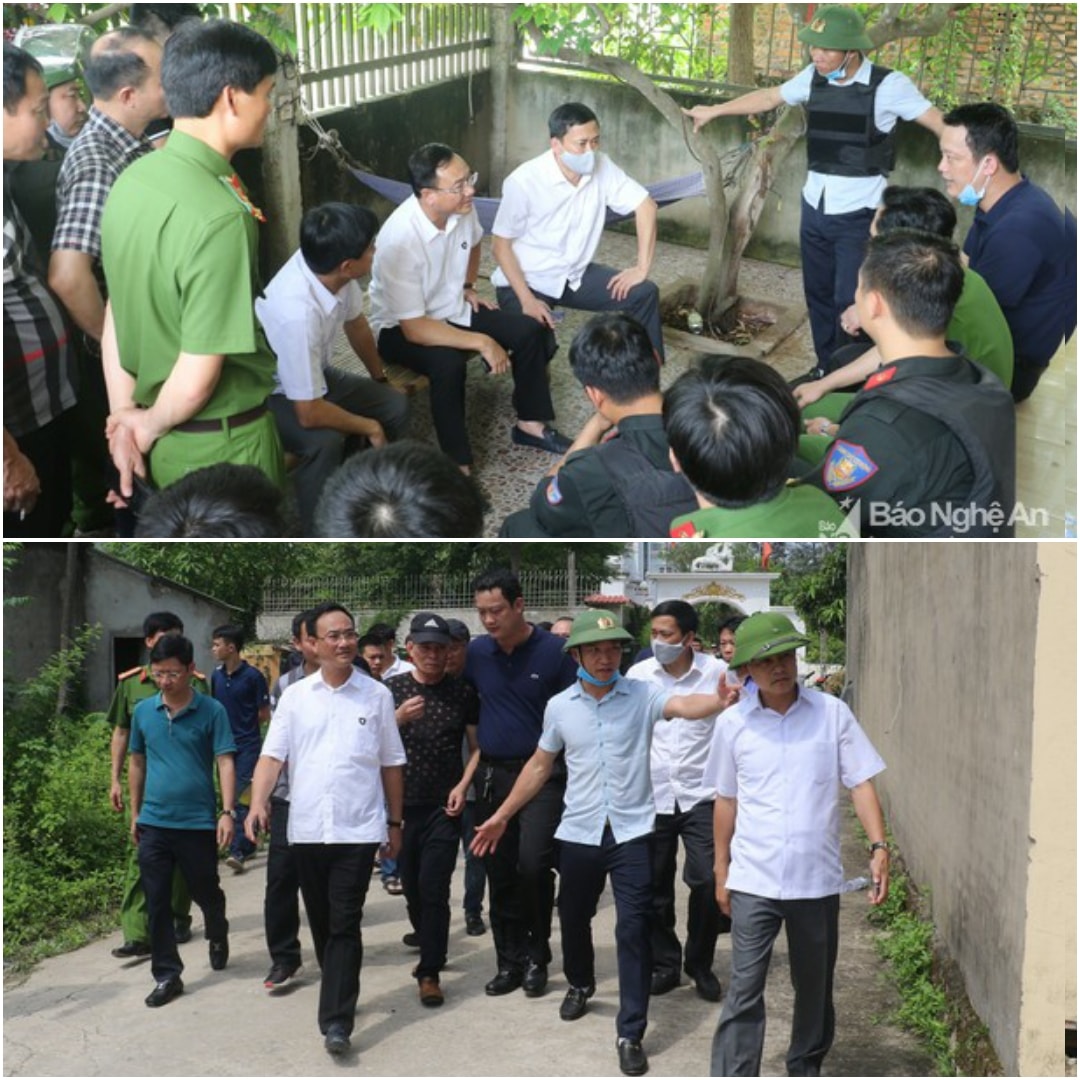 Lãnh đạo Công an tỉnh trực tiếp chỉ đạo tại hiện trường. Sau thời gian dài kiên trì vận động, thuyết phục đối tượng Cao Trọng Phú (đội mũ, mặc áo đen) giao nộp vũ khí, ra đầu thú. Ảnh Nhóm PV