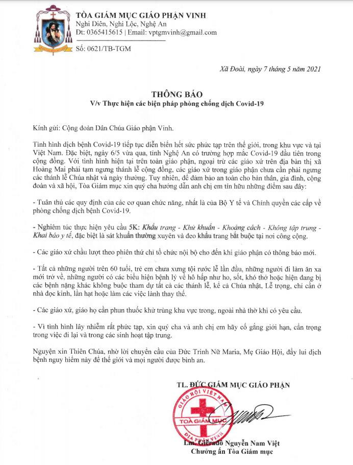 Thông báo của Tòa Giám mục Giáo phận Vinh về phòng chống dịch Covid19