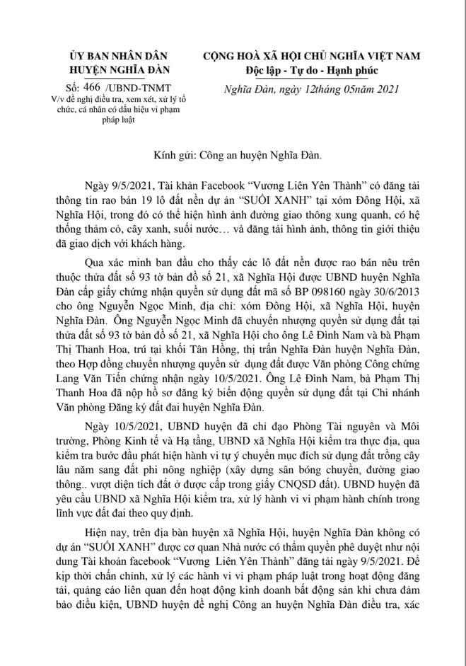 Công văn số 466/UBND-TNMT ngày 12/5/2021 của UBND huyện Nghĩa Đàn. Ảnh: Nhật Lân
