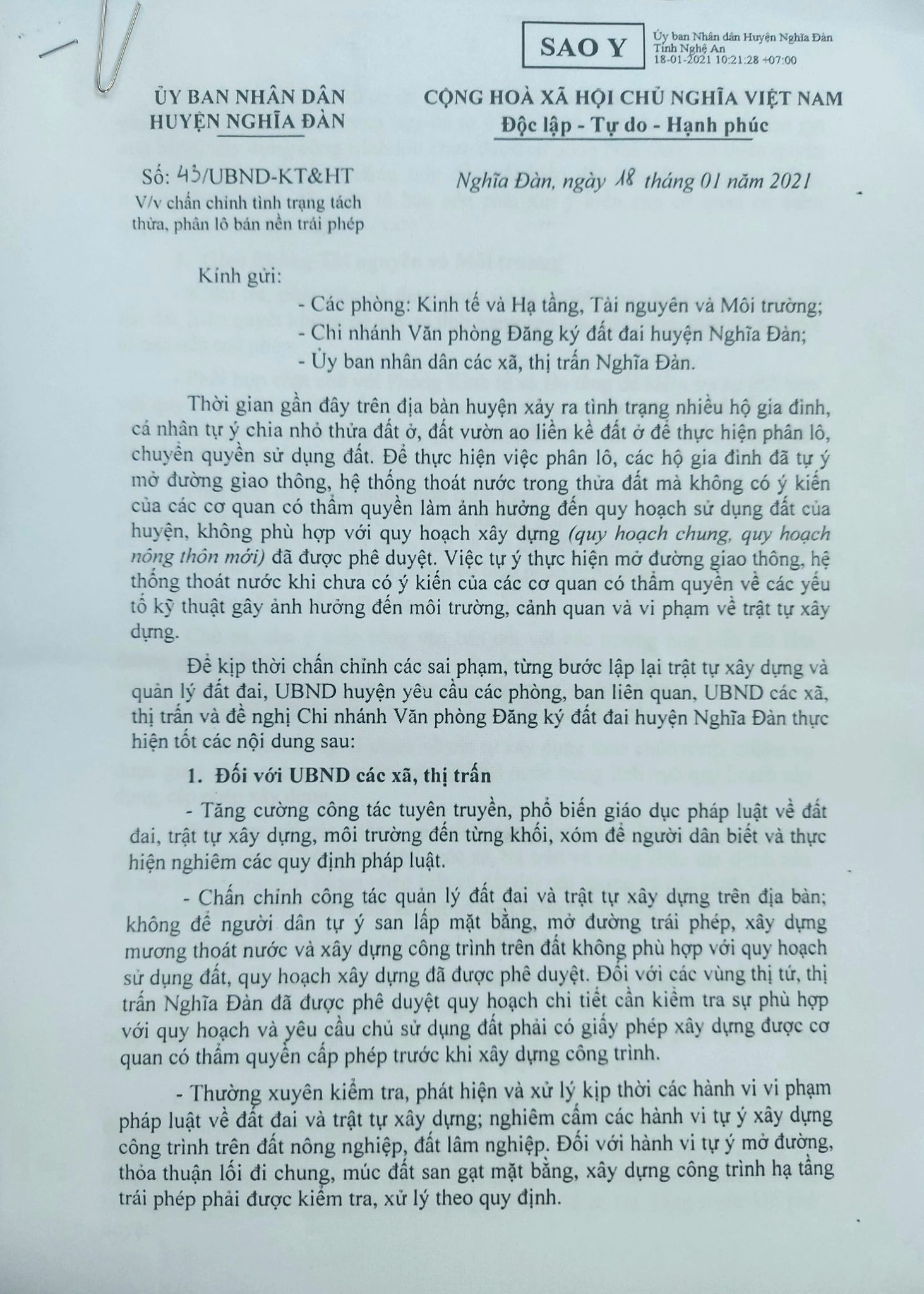 Văn bản số 43/UBND-KT&HT, ngày 18/1/2021 của UBND huyện Nghĩa Đàn. Ảnh: Nhật Lân