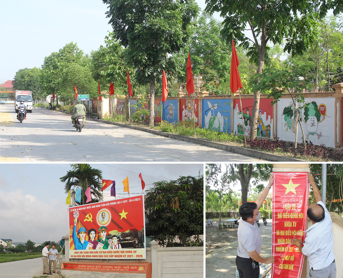 Các địa phương ở huyện Hưng Nguyên chú trọng công tác tuyên truyền bầu cử gắn với tuyên truyền phòng chống dịch Covid-19. Ảnh: Mai Hoa