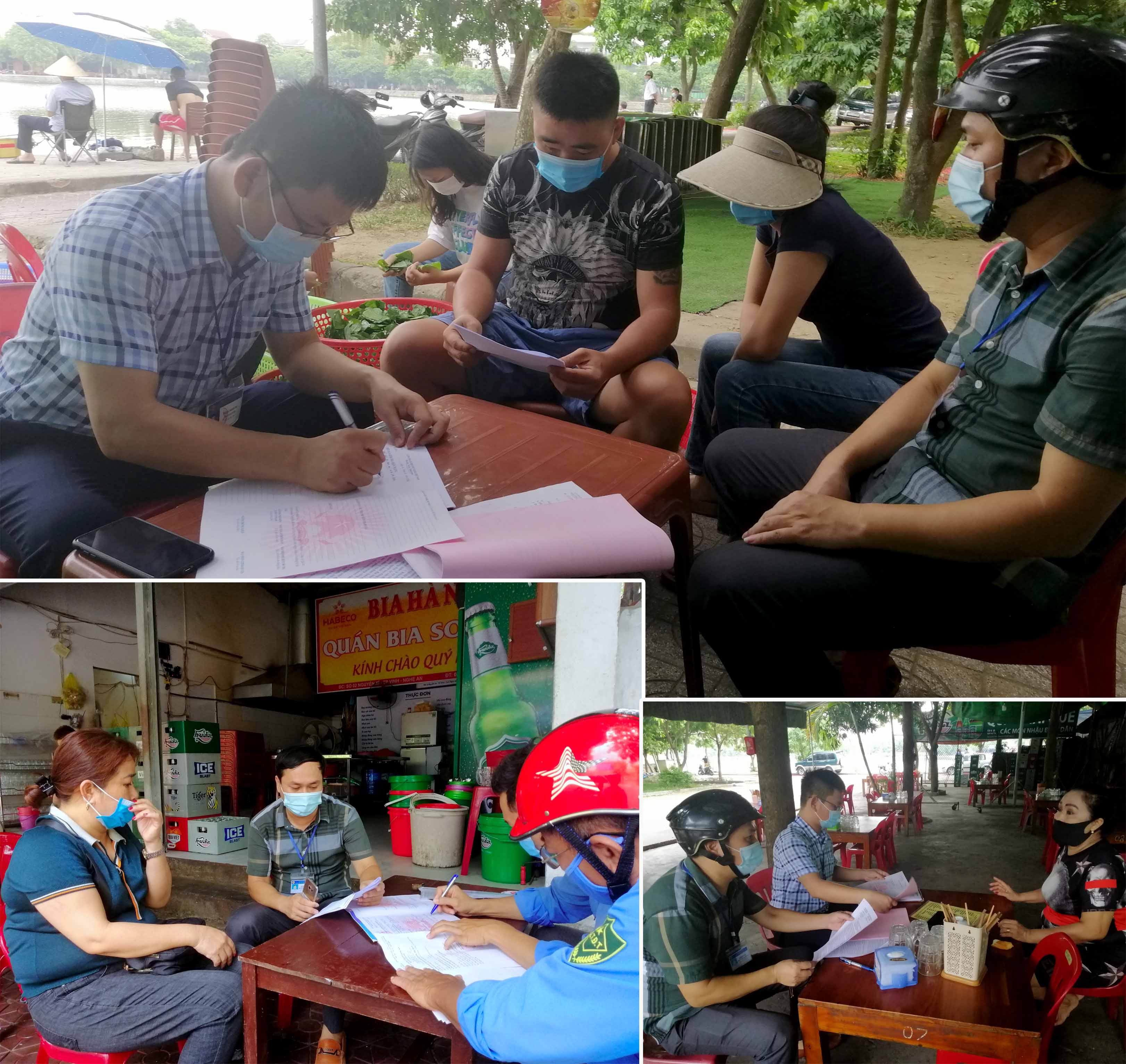 Lực lượng chức năng phường Trường Thi lập biên bản, yêu cầu các quán bia không có giấy phép kinh doanh phải tạm dừng hoạt động trong sáng 6/6. Ảnh: Quang An