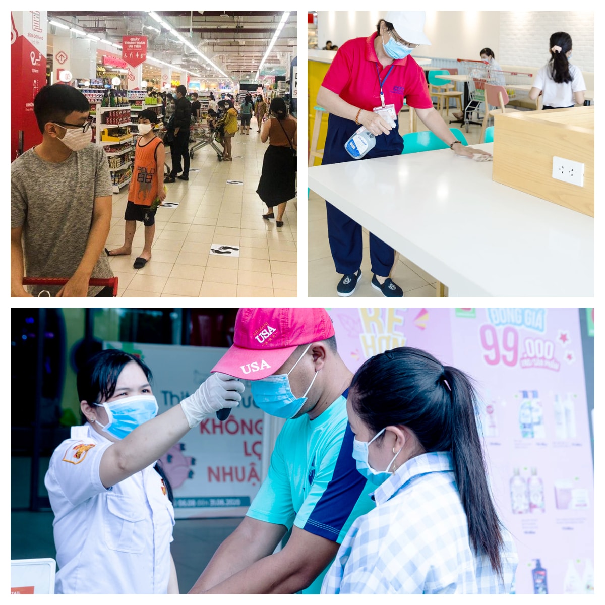 Tại các trung tâm thương mại, công tác kiểm dịch được thắt chặt. Ngay từ lối ra vào có nhân viên đo thân nhiệt, trong siêu thị bố trí giãn cách và thường xuyên khử khuẩn các khu vực. Ảnh: Thanh Phúc
