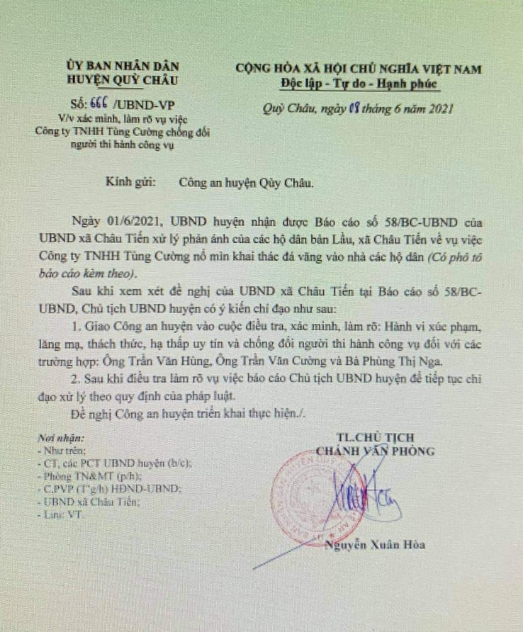 Văn bản số 666/UBND-VP của UBND huyện Quỳ Châu. Ảnh: PV