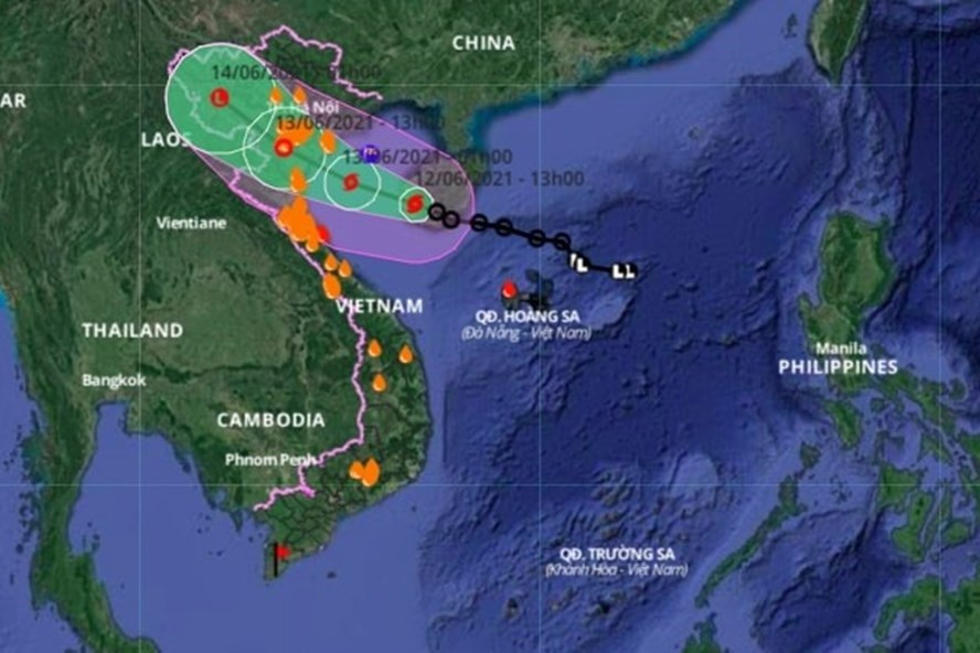 Vị trí và đường đi của bão số 2. Ảnh: Hệ thống giám sát thiên tai tại Việt Nam.