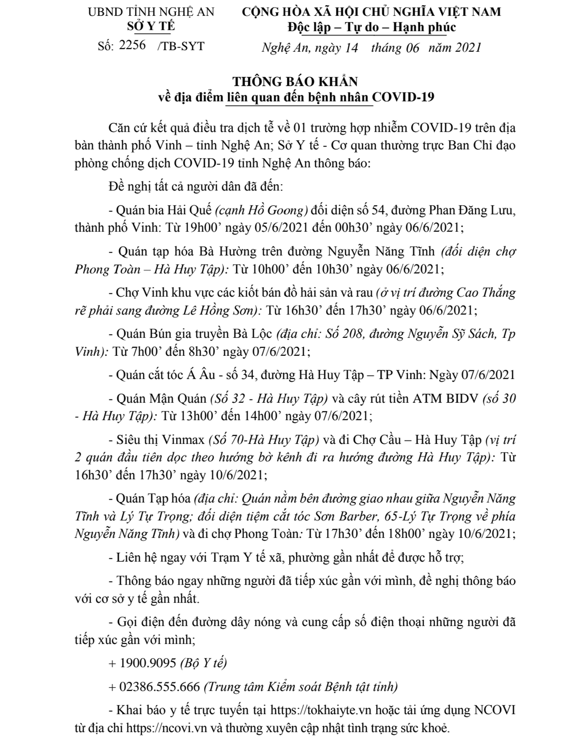 Thông báo khẩn của Sở Y tế Nghệ An. Ảnh: Thành Chung