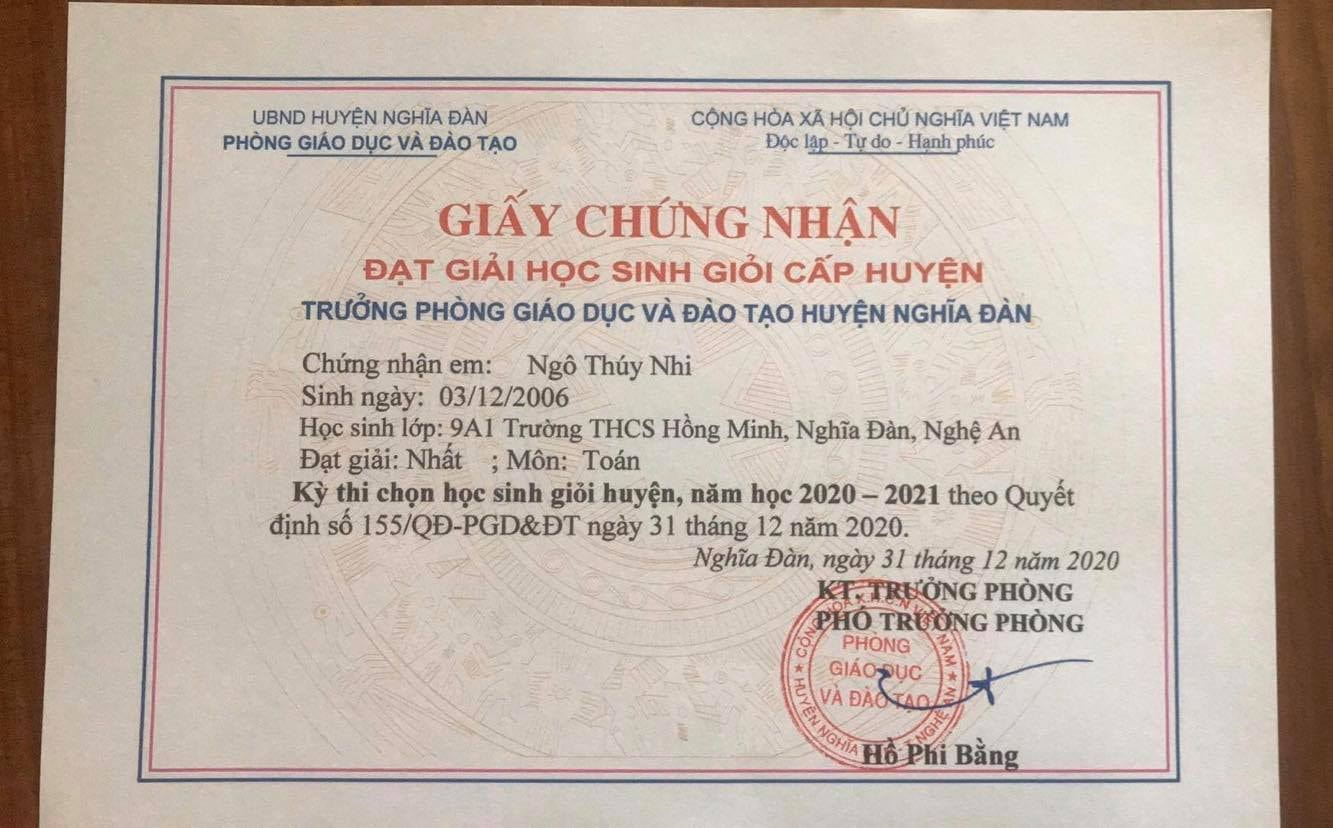 Các năm học em đều đạt học sinh giỏi huyện môn Toán