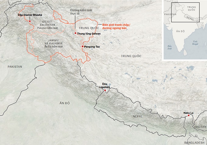 Khu vục biên giới tranh chấp giữa Trung Quốc và Ấn Độ. Đồ họa: NYT