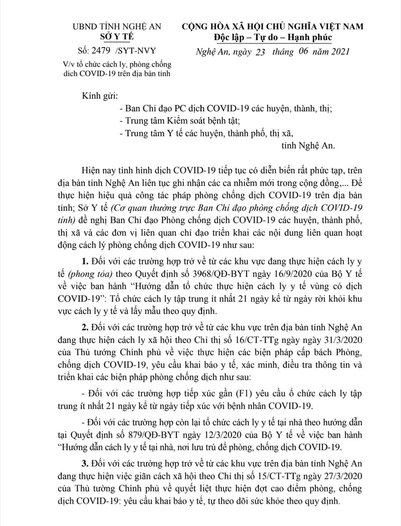 Văn bản hướng dẫn của Sở Y tế về việc cách ly các đối tượng trở về từ vùng dịch. Ảnh: Thành Chung