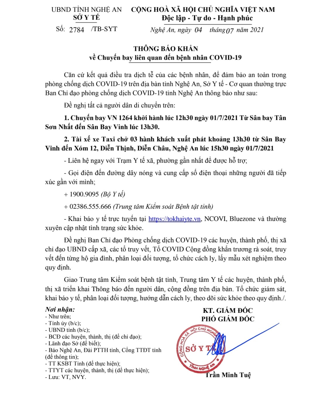 Thông báo khẩn tìm người của Sở Y tế Nghệ An. Ảnh: Thành Chung