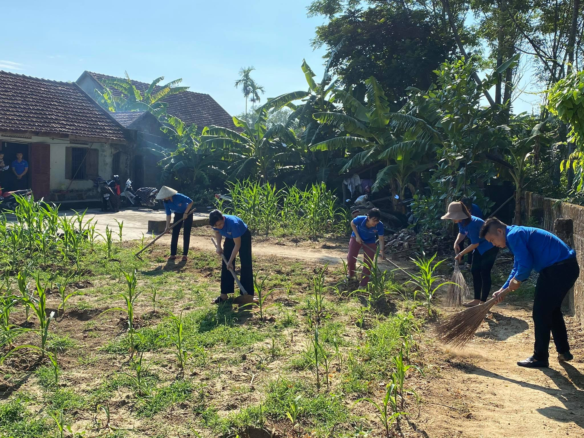 ác bạn đoàn viên, thanh niên xã Nghĩa Khánh quyét dọn nhà cửa giúp bà