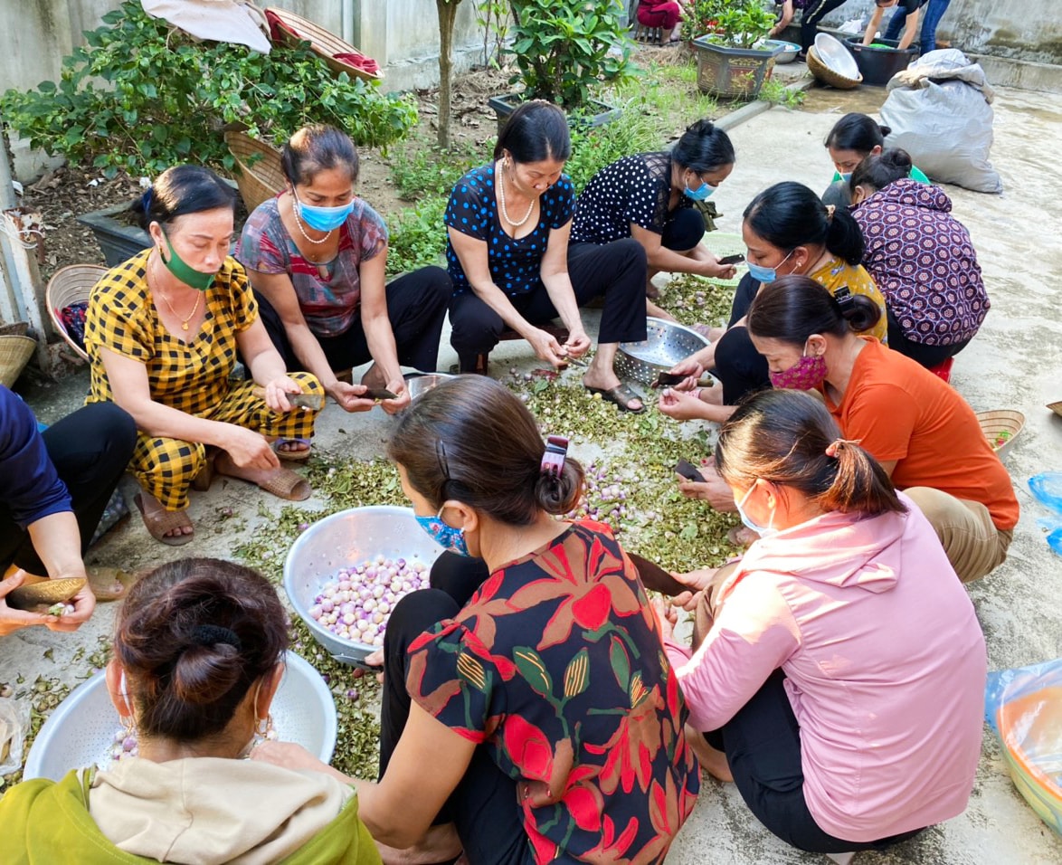 Người dân huyện Con Cuông sơ chế muối cà pháo gửi tặng người dân TP Hồ Chí Minh. Ảnh: PV