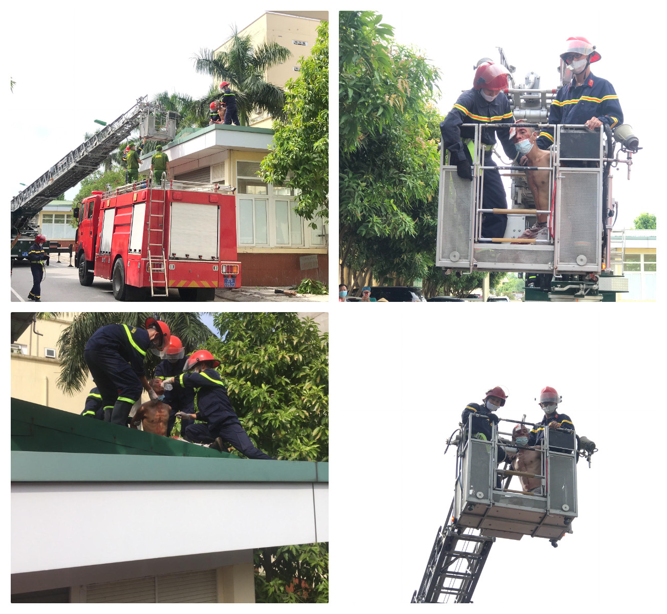 Lực lượng chức năng dùng xe thang để giải cứu nạn nhân. Ảnh: Chu Minh