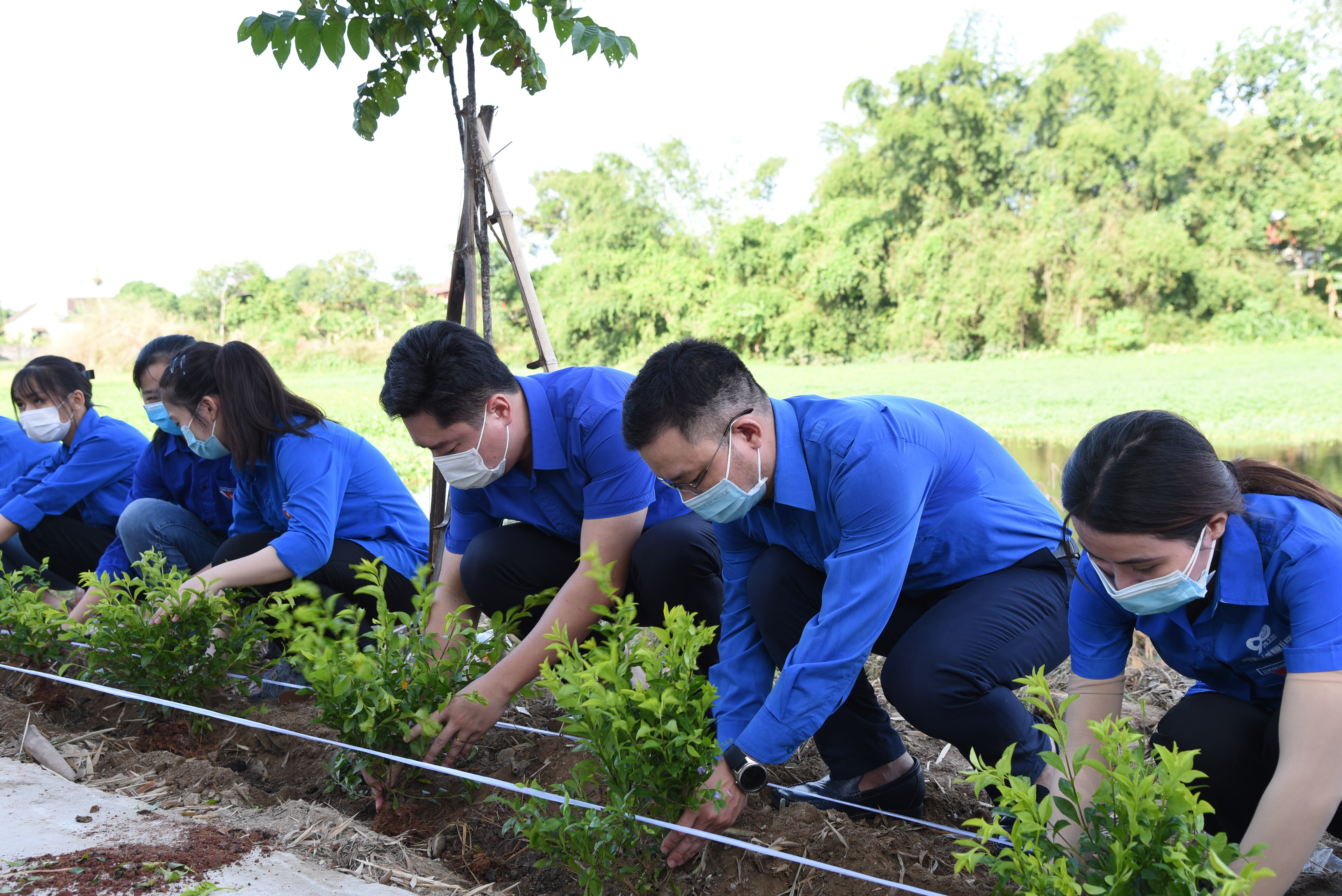 Lãnh đạo Tỉnh đoàn và Huyện đoàn Nghi Lộc trực tiếp tham gia trồng cây xanh với các đoàn viên thanh niên, tạo sức lan tỏa mạnh mẽ của chương trình Vì một Việt Nam xanh giai đoạn 2021-2025. Ảnh: TG
