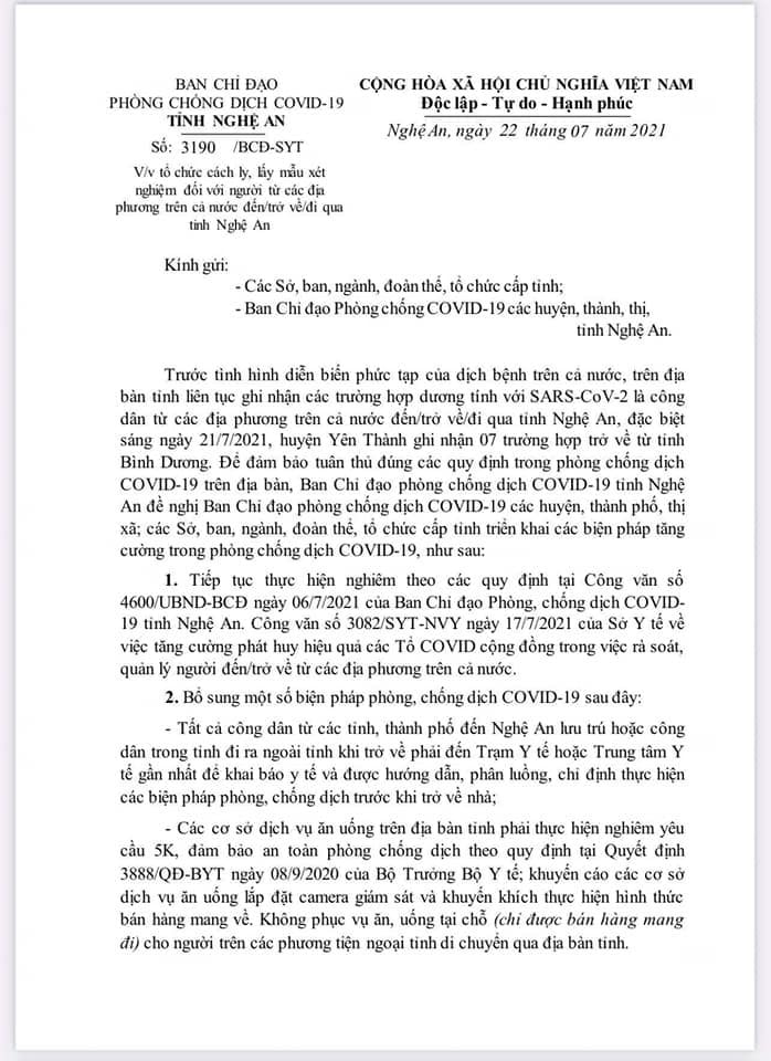 Văn bản mới về quy định phòng chống dịch Covid-19 của Ban Chỉ đạo Phòng, chống dịch Covid-19 tỉnh Nghệ An. Ảnh: Thành Chung