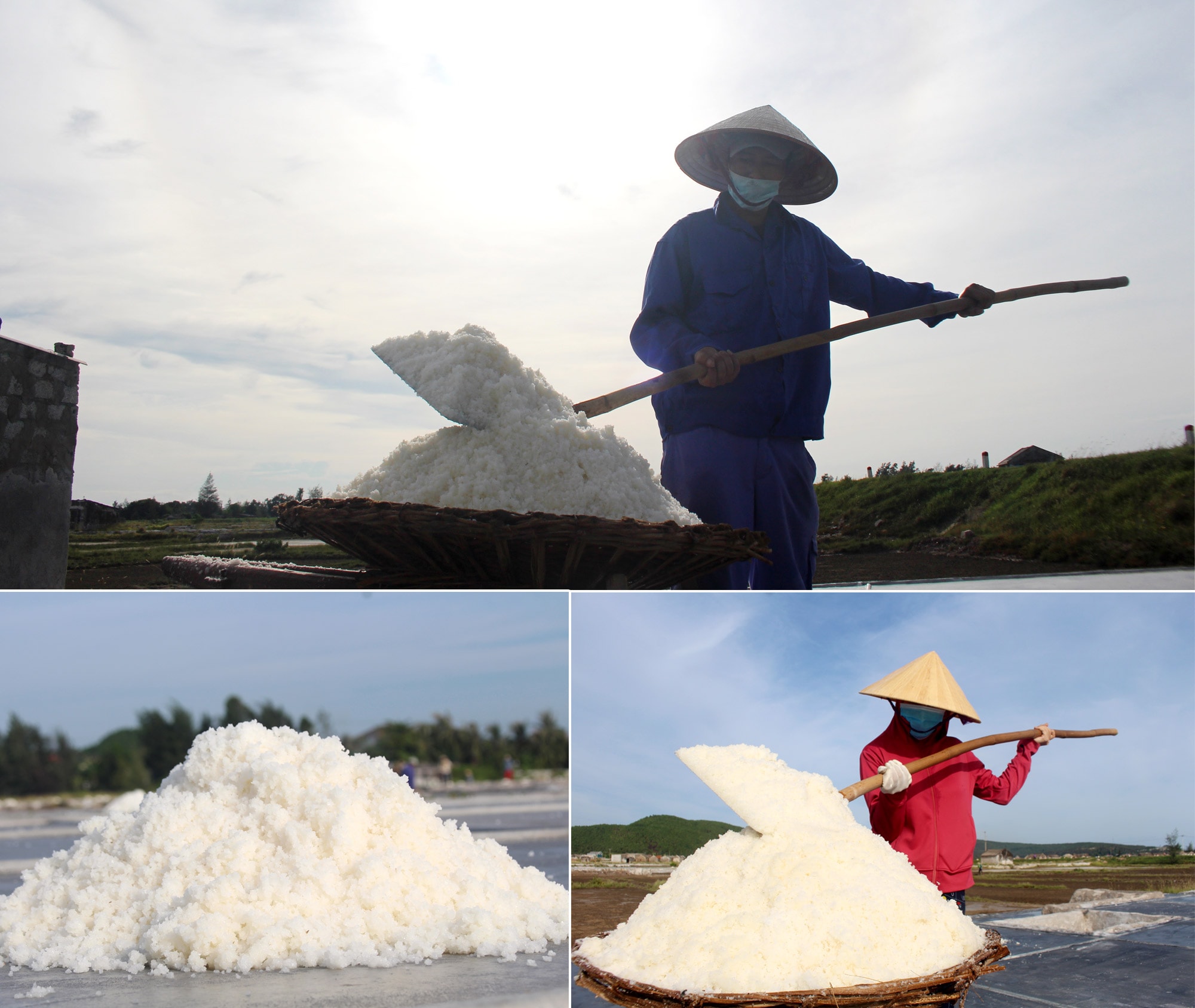 Những ngày vừa qua, thời tiết nắng to, mặc dù lao động vất vả nhưng bà con diêm dân Quỳnh Lưu lại đạt năng suất muối. Giá muối cao, mỗi gia đình sản xuất cho thu nhập khoảng 300.000 đồng/ngày. Ảnh: Việt Hùng