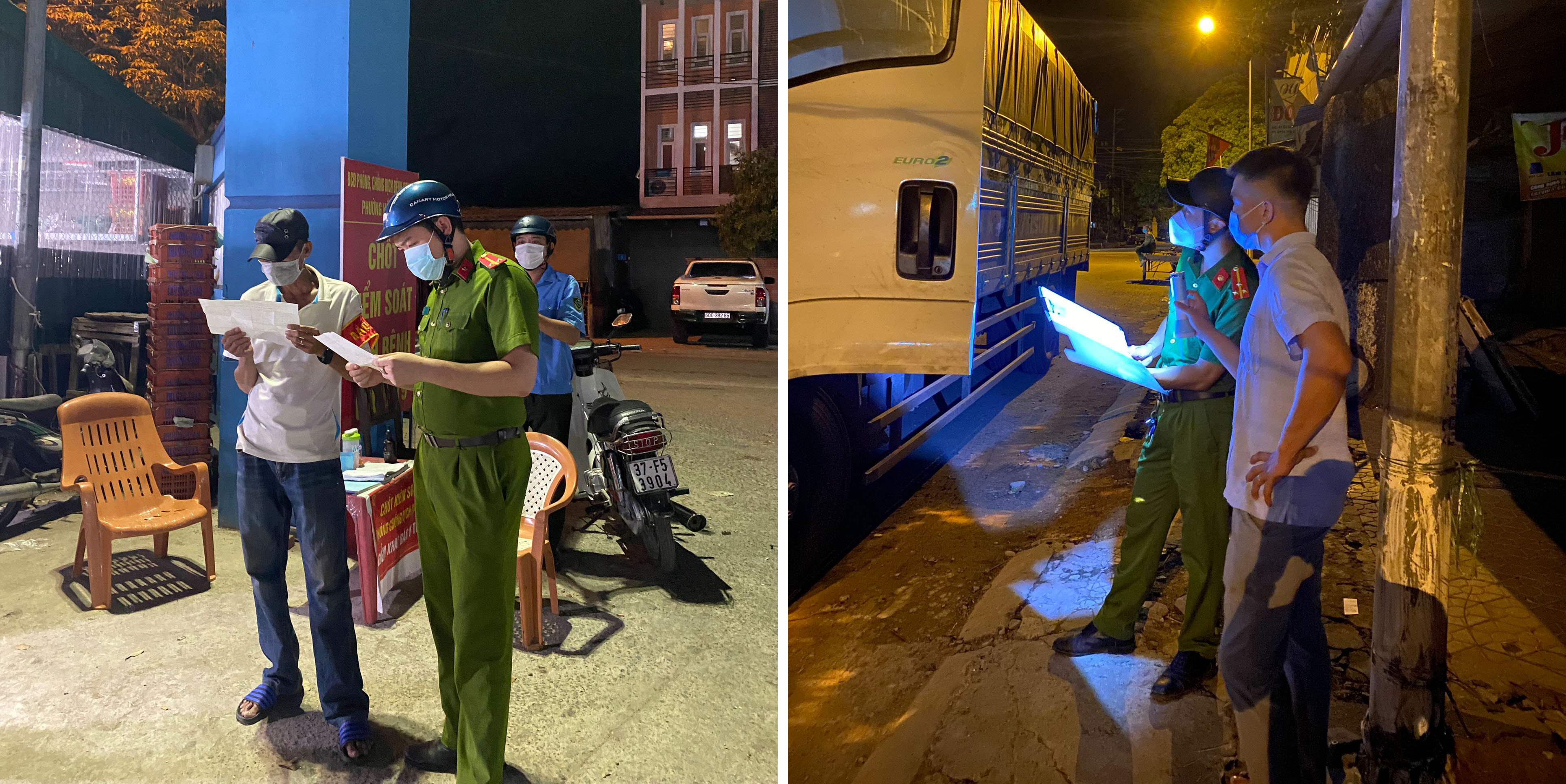 Lực lượng chức năng phường Hồng Sơn kiểm tra các thương lái đến nhập hàng tại chợ đầu mối vào ban đêm. Ảnh: Quang An