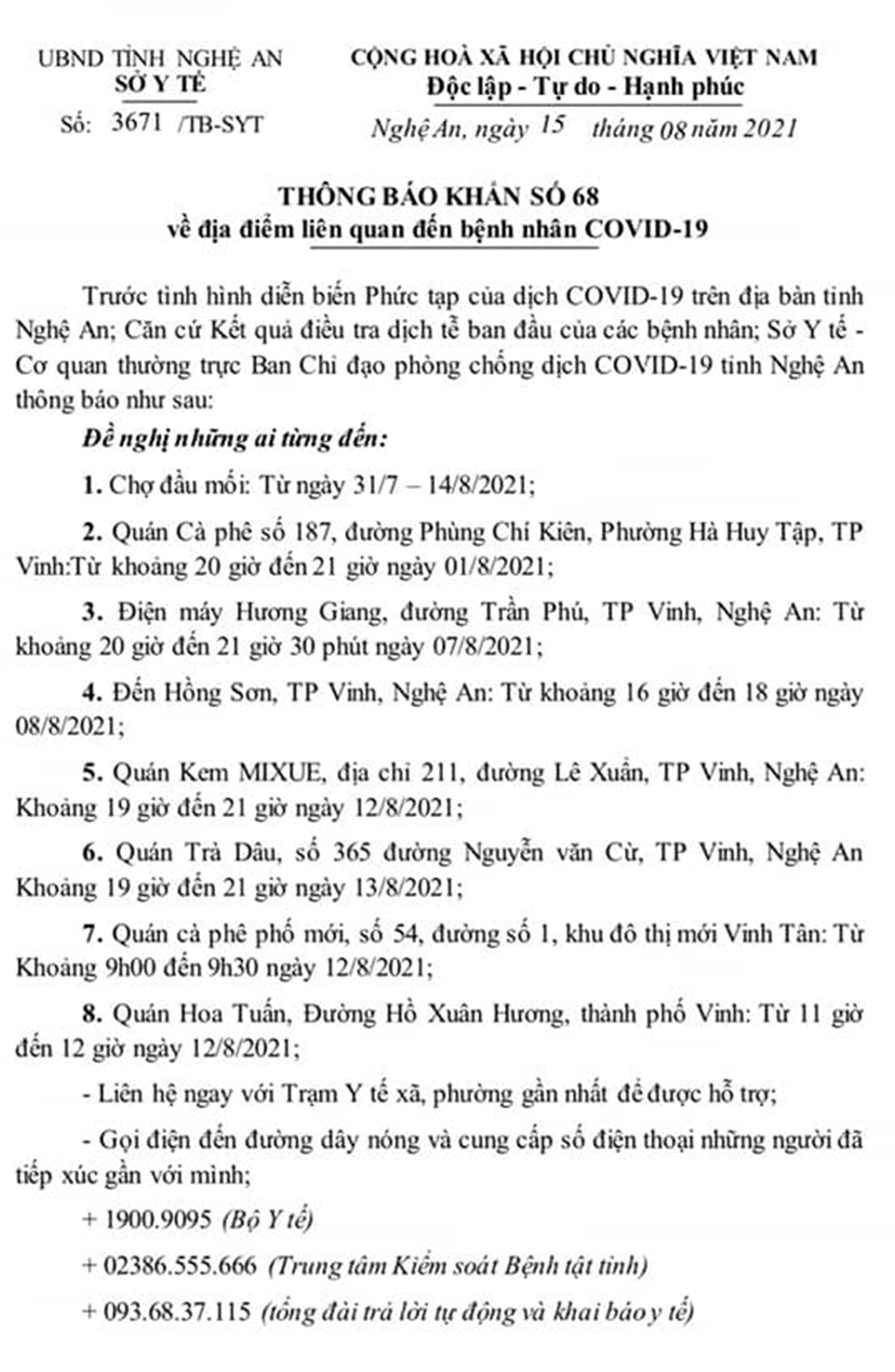 Thông báo khẩn của Sở Y tế Nghệ An. Ảnh: Thành Chung