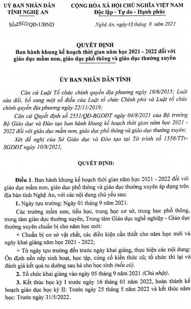 Quyết định ban hành khung kế hoạch năm học của UBND tỉnh. Ảnh: MH.