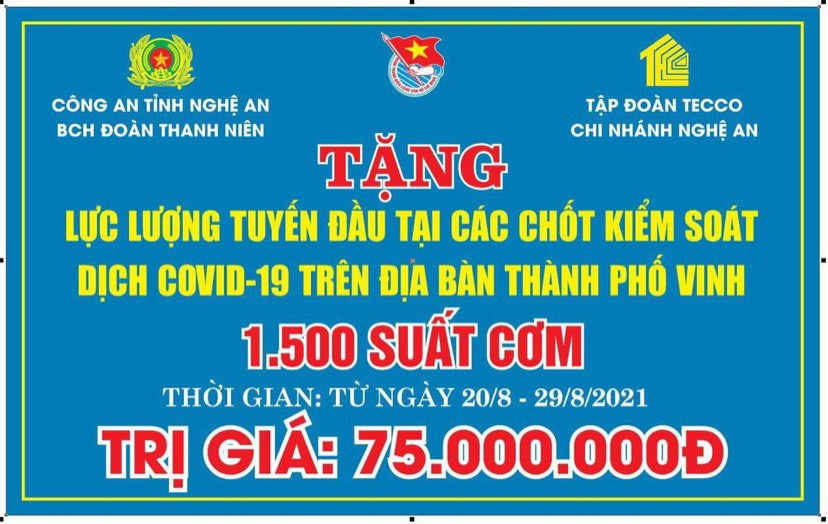 Tập đoàn Tecco chi nhánh Nghệ An đã tổ chức nầu 1.500 suất cơm trị giá 75 triệu đồng gửi đến lực lượng đang làm nhiệm vụ trên địa bàn TP.Vinh. Ảnh: TC