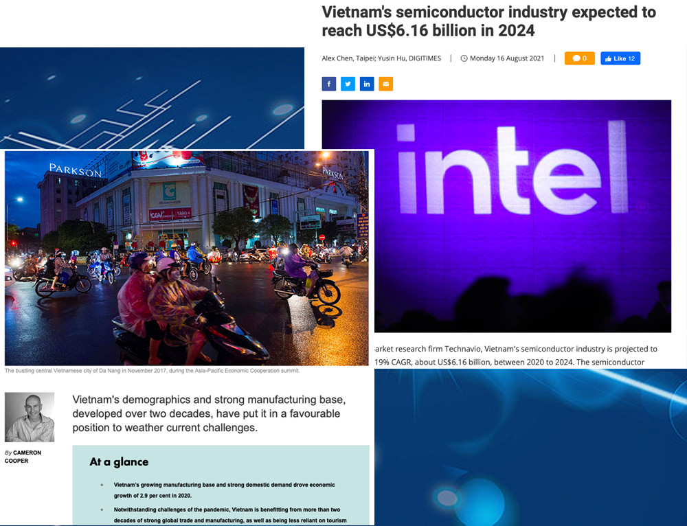 Bài viết của tạp chí INTHEBLACK cho rằng Việt Nam có vị thế thuận lợi để vượt qua những thách thức hiện nay (trái) và bài viết về triển vọng thu hút đầu tư vào Việt Nam trên trang Digitimes.