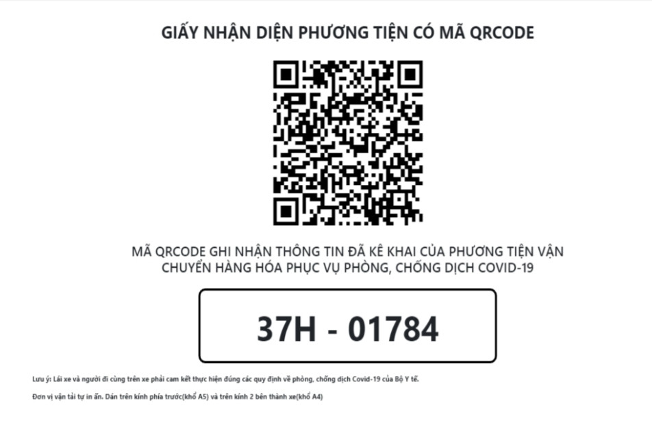 Giấy nhận diện phương tiện có mã QR Code do Sở GTVT Nghệ An cấp. Ảnh: Tiến Đông