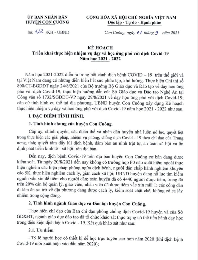 Kế hoạch số 122/KH-UBND triển khai nhiệm vụ dạy và học ứng phó với dịch Covid 19 năm học 2021 – 2022 của UBND huyện Con Cuông. Ảnh: Nhật Lân
