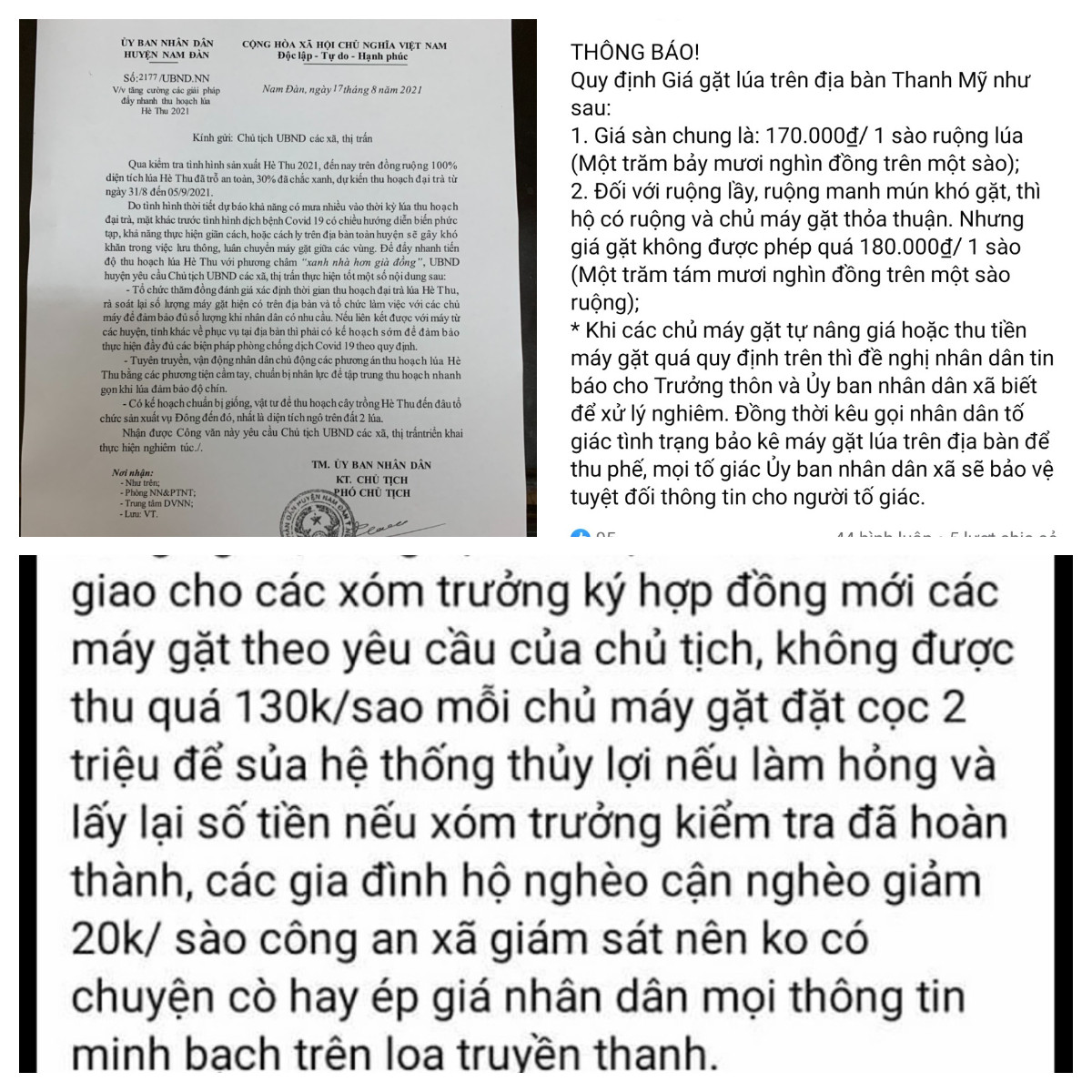 Nhiều địa phương trong tỉnh có văn bản quy định rõ về giá cả, biện pháp phòng dịch đối với máy gặt hoạt động trên địa bàn. Ảnh: Thanh Phúc