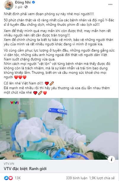 Ca sĩ Đông Nhi chia sẻ về bộ phim Ranh giới trên fanpage có 9,9 triệu người theo dõi.