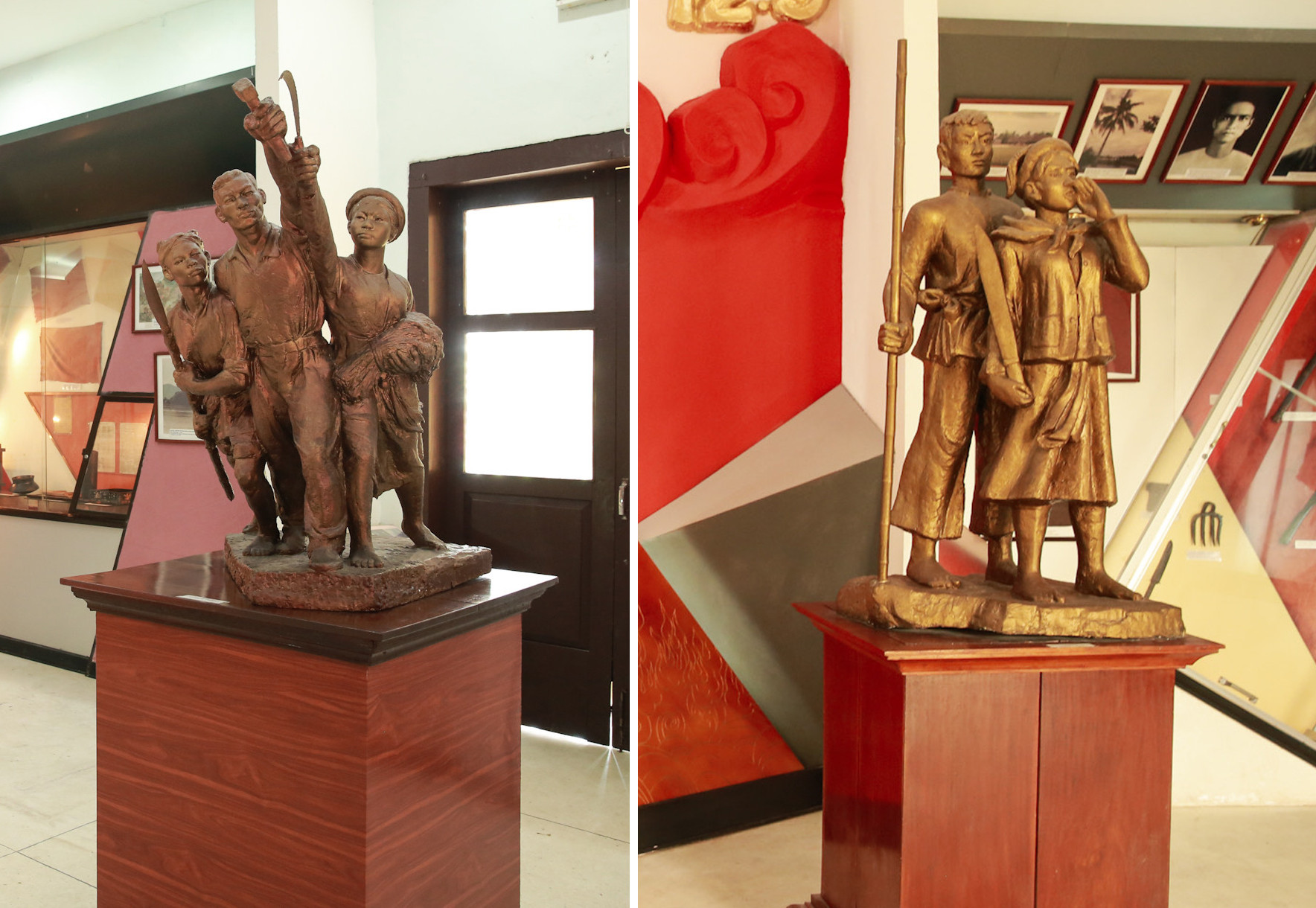 Tượng đài Công - Nông - Binh Trường thi, Bến Thủy 1930-1931 (trái) và tượng Tự vệ đỏ Nghệ Tĩnh tại Bảo tàng Xô viết Nghệ Tĩnh. Ảnh: Đào Tuấn