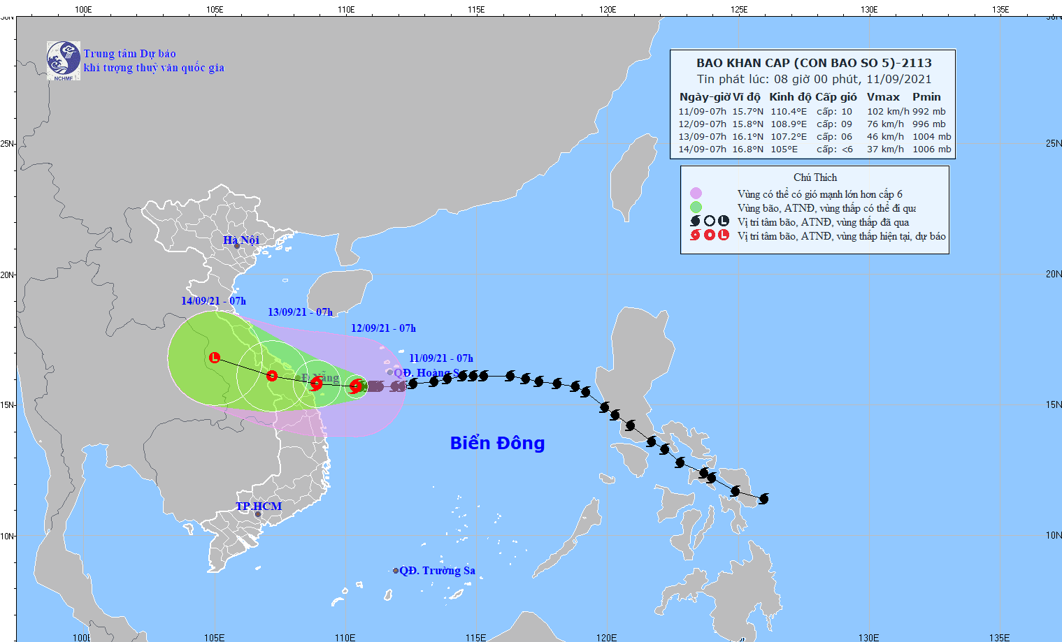 Hướng di chuyển bão số 5. Ảnh: Đài Khí tượng Thủy văn Bắc Trung Bộ