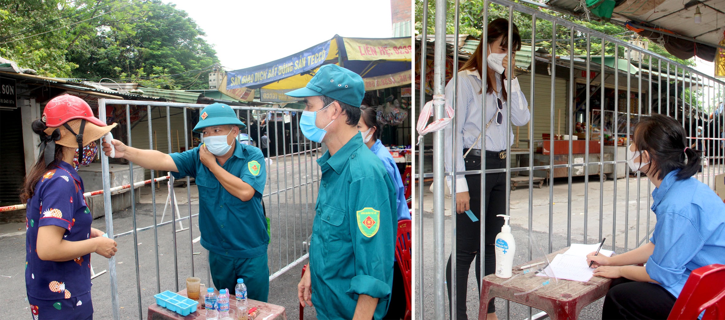 Tiểu thương và người dân vào chợ Quang Trung phải thực hiện đầy đủ các biện pháp phòng dịch. Ảnh: Quang An