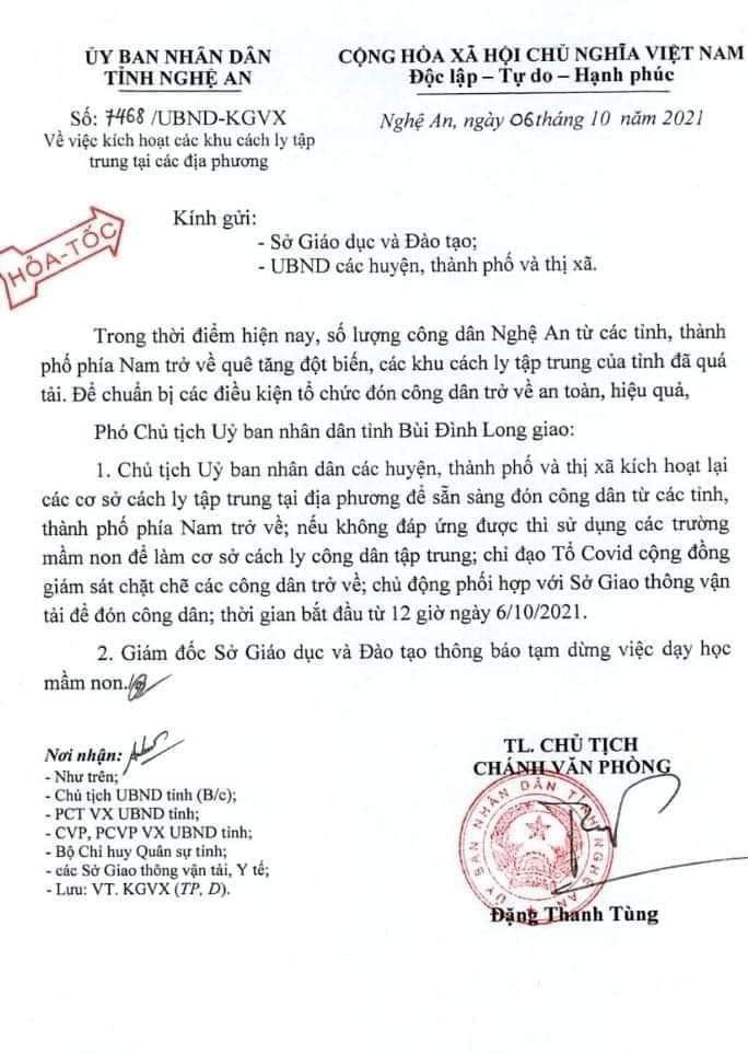 Công văn hỏa tốc của UBND tỉnh Nghệ An. Ảnh: TC