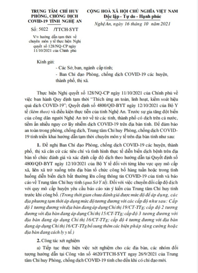 Hướng dẫn của Trung tâm Chỉ huy Phòng, chống dịch Covid-19 tỉnh Nghệ An. Ảnh: Thành Chung