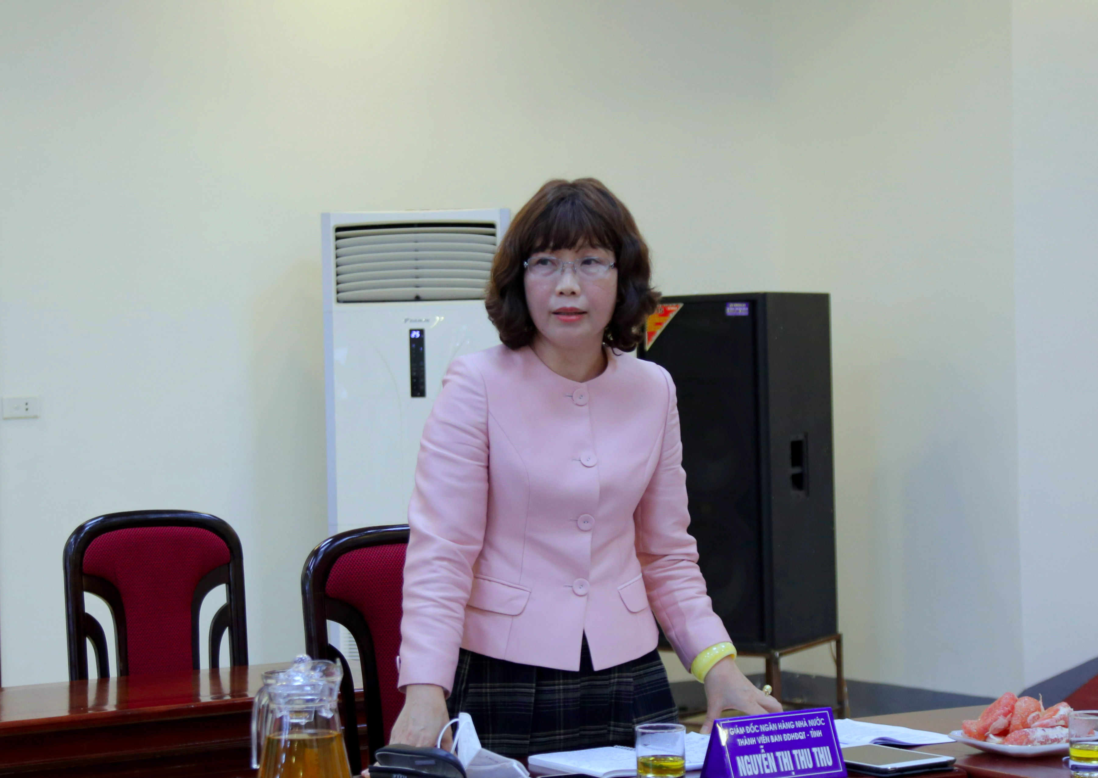 Bà Nguyễn Thị Thu Thu - Giám đốc ngân hàng nhà nước chi nhánh Nghệ An phát biểu tại phiên họp. Ảnh Thu Huyền