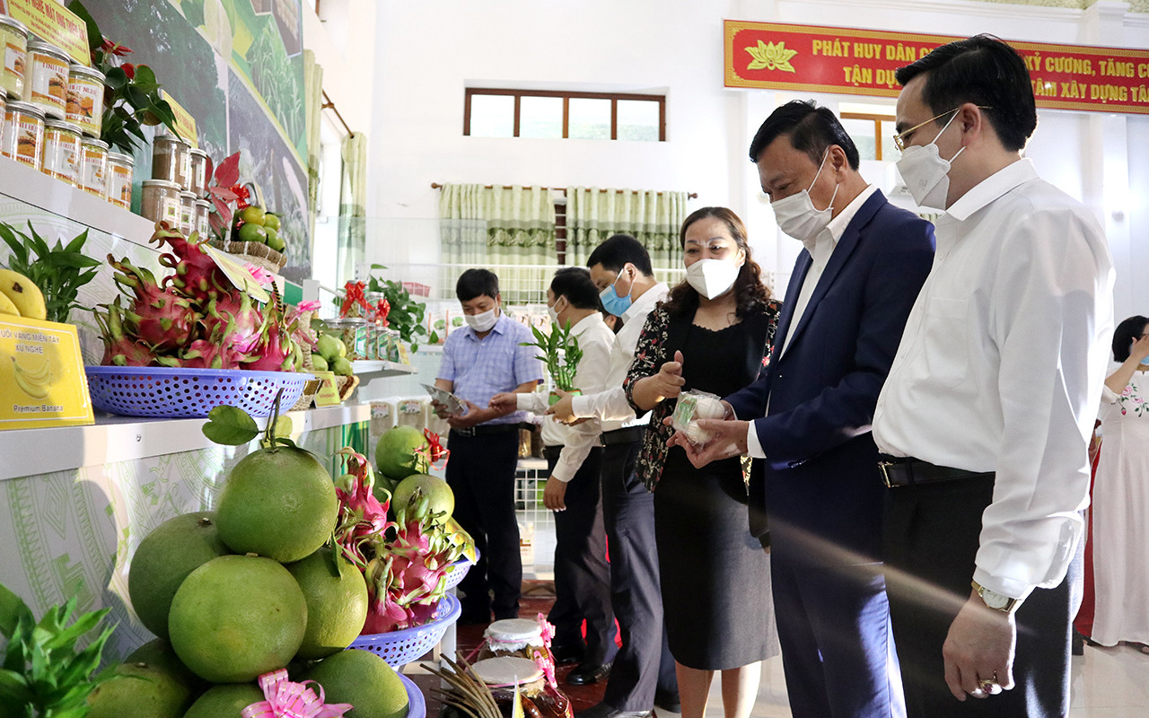 Đại biểu tham quan gian hàng sản phẩm đặc trưng của huyện Tân Kỳ. Ảnh: Thanh Phúc