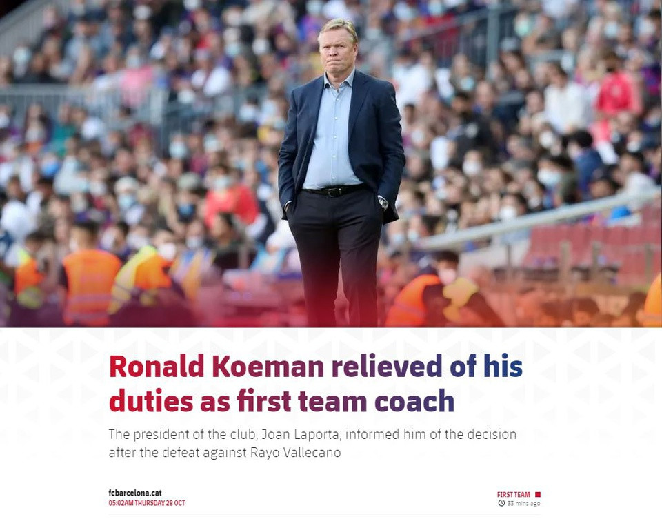 Koeman bị sa thải sau khi Barca thua trận thứ 5 trong mùa giải 2021/22. Ảnh màn hình trang chủ Barcelona.