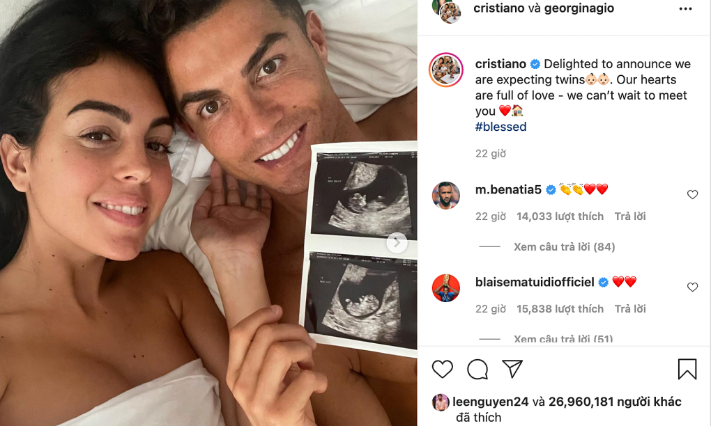 Ảnh chụp Ronaldo, Georgina và tấm siêu âm song thai có thể vượt xa mốc 30 triệu like. Ảnh: chụp màn hình