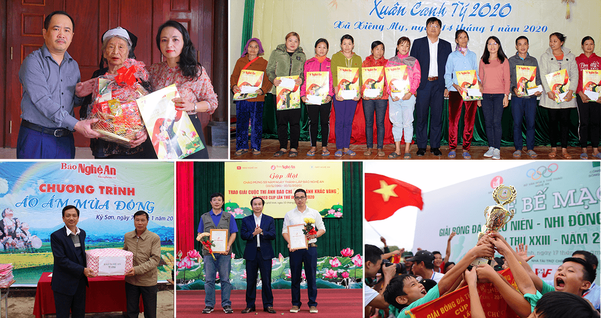 Trái sang, trên xuống: Lãnh đạo Báo Nghệ An trao tặng quà Bà mẹ Việt Nam anh hùng Nguyễn Thị Cháu ở xã Hưng Tiến (Hưng Nguyên); Trao quà Tết cho người nghèo xã XIêng My (Tương Dương); Tặng áo ấm cho học sinh Trường Tiểu học Na Ngoi 2 (Kỳ Sơn); Trao giải ảnh báo chí Khoảnh khắc Vàng; Tổ chức Giải bóng đá TN-NĐ Cúp Báo Nghệ An. Ảnh: PV