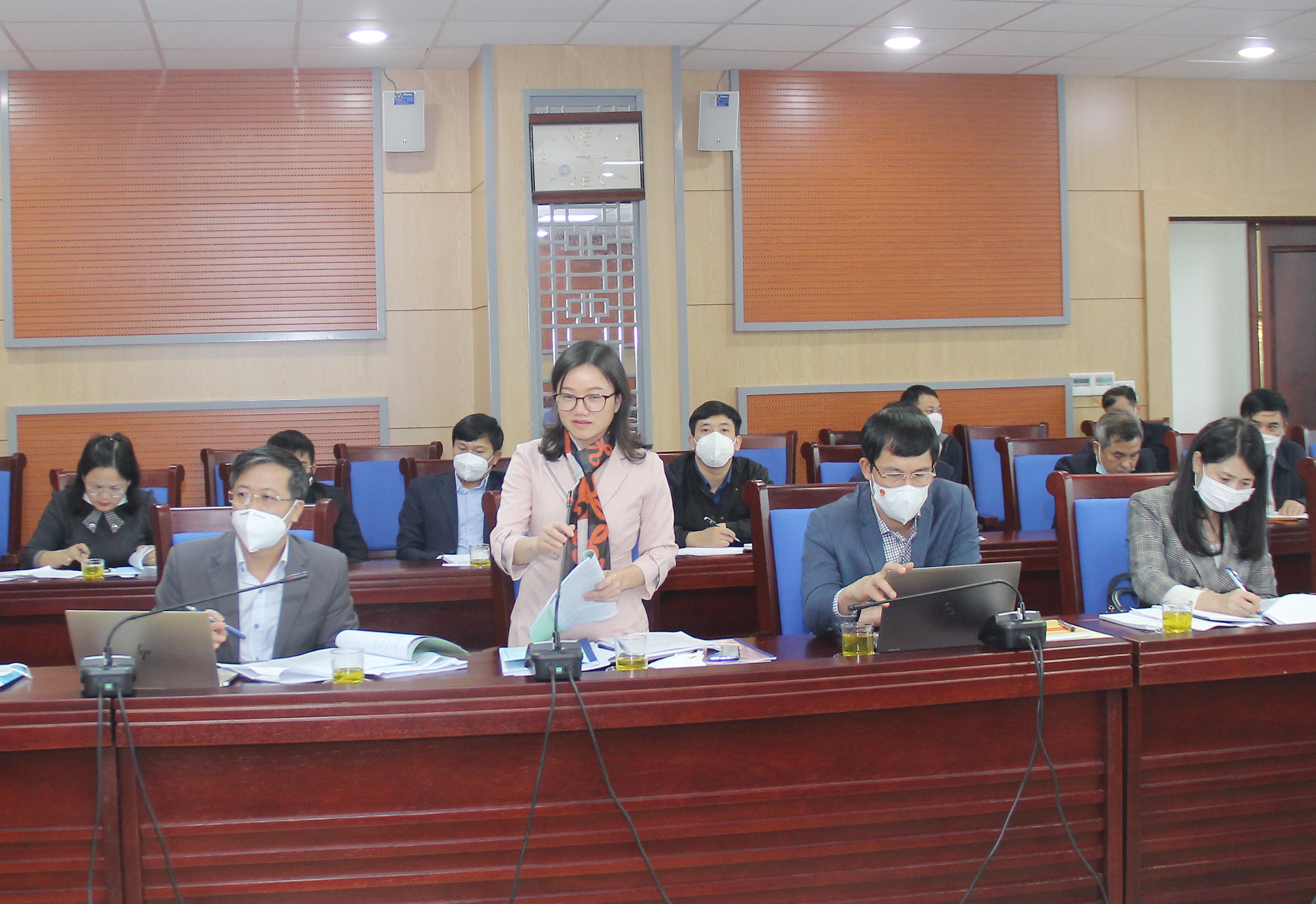 Đồng chí Thái Thị An Chung - Ủy viên Ban Chấp hành Đảng bộ tỉnh, Phó trưởng đoàn đại biểu Quốc hội tỉnh tham ý kiến tại cuộc họp. Ảnh: Mai Hoa