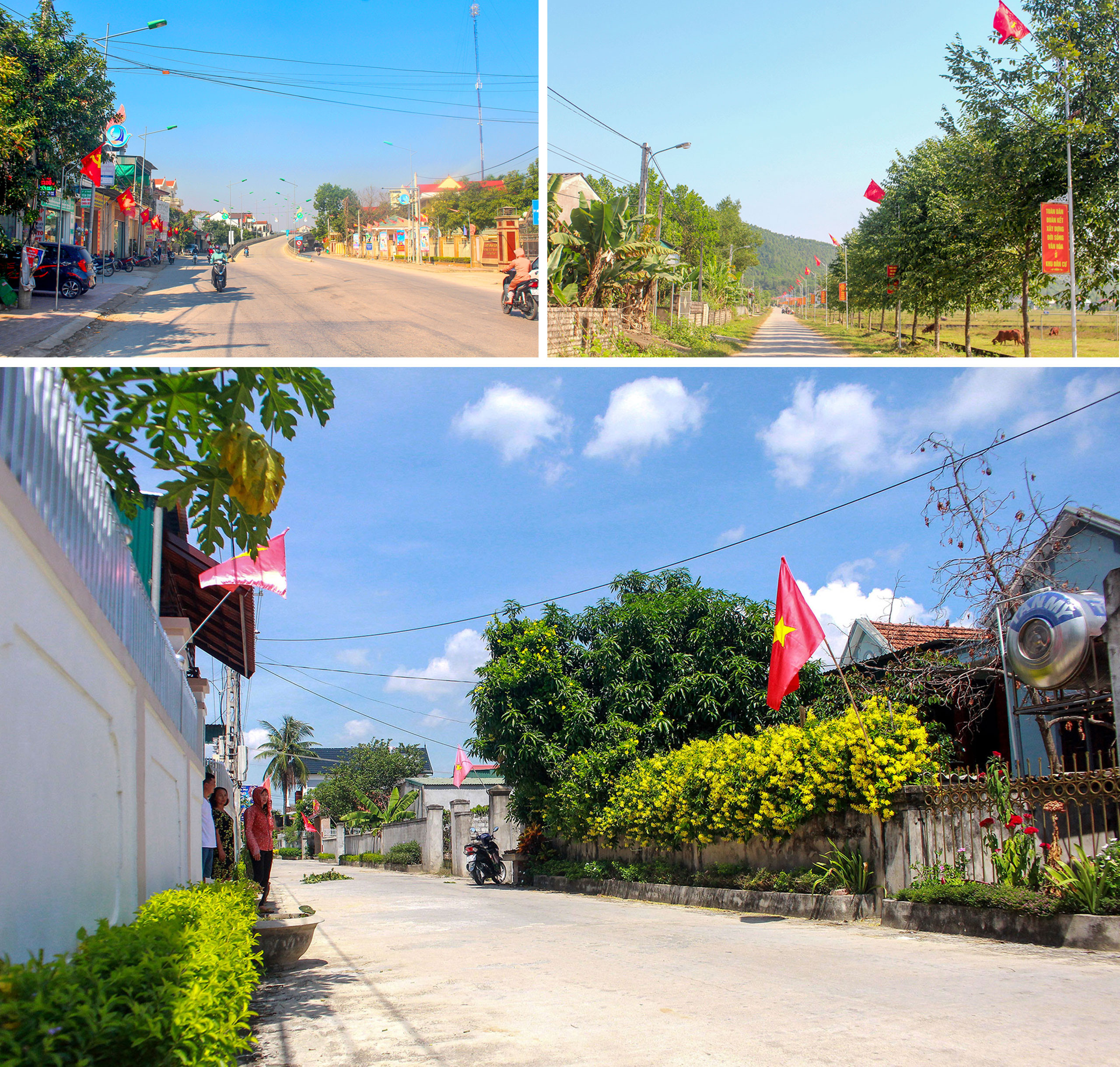 Quang cảnh thị trấn Cầu Giát (Quỳnh Lưu); Mô hình đường hoa, đường cờ xanh, sạch, đẹp ở xã NTM kiểu mẫu Quỳnh Đôi (Quỳnh Lưu). Ảnh: Thu Hương