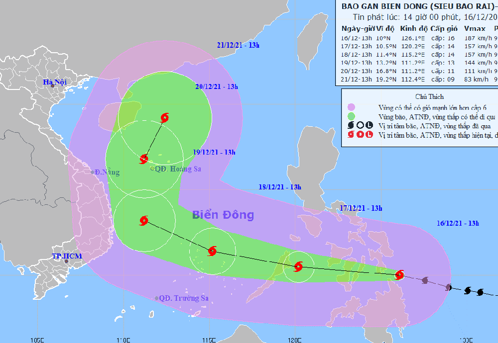 Vị trí và đường đi của siêu bão RAI. Nguồn: Trung tâm dự báo KTTV Quốc gia