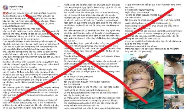 Thông tin bịa đặt mà đối tượng đăng tải trên Facebook nhằm lừa đảo. Ảnh: Hồng Ngọc