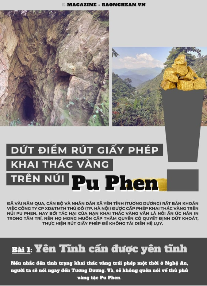 Bìa bài viết “Dứt điểm thu hồi Giấy khép khai thác vàng trên núi Pu Phen - Yên Tĩnh cần được yên tĩnh” Báo Nghệ An điện tử đăng tải ngày 7/12/2021. Ảnh: Nhật Lân