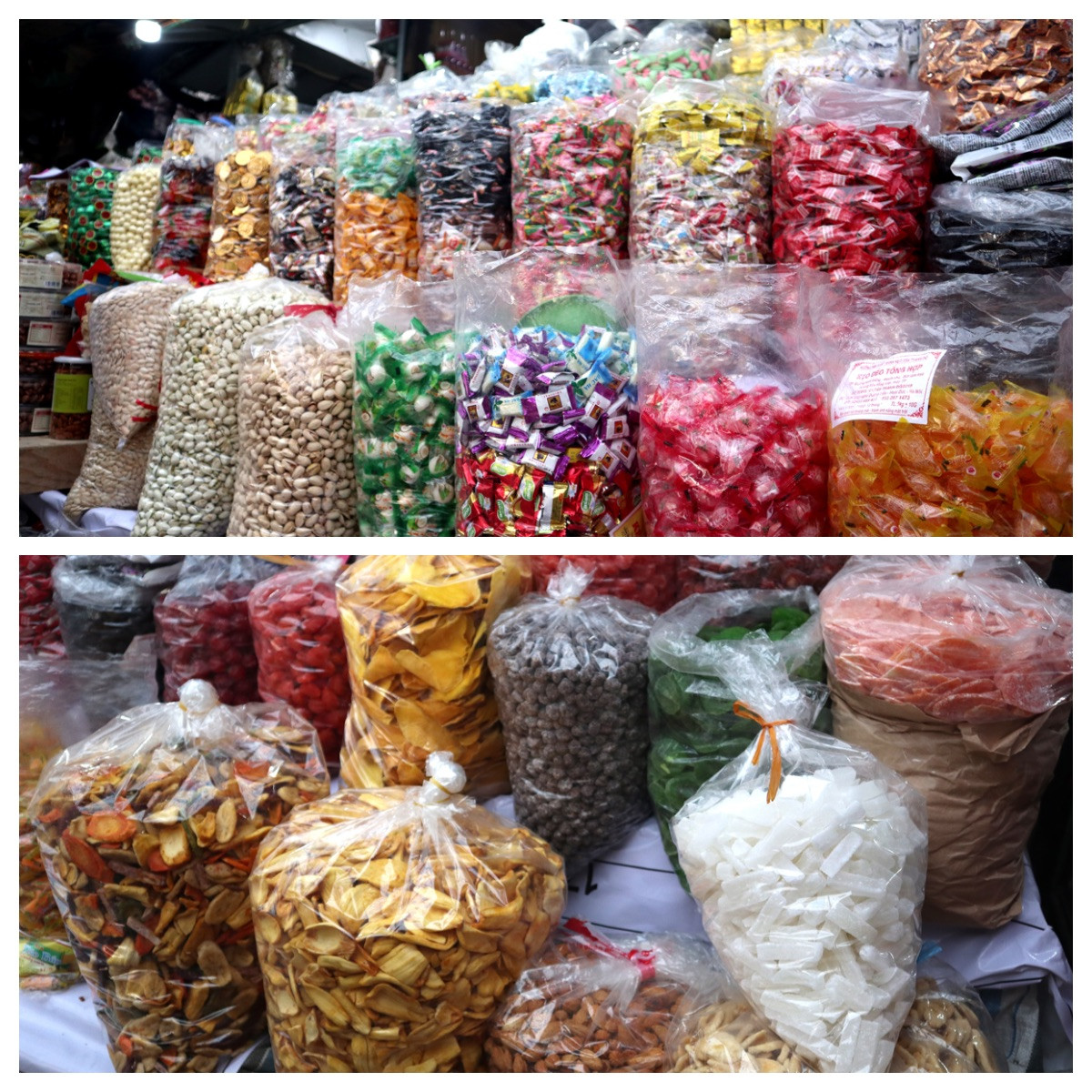 Bánh kẹo mứt trôi nổi bày bán tràn lan trên thị trường. Ảnh: T.P