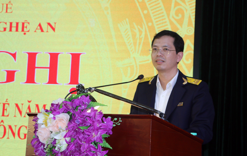 Đồng chí Trịnh Thanh Hải - Cục trưởng Cục thuế Nghệ An khai mạc hội nghị tổng kết công tác thuế năm 2021 và triển khai nhiệm vụ năm 2022. Ảnh: Nguyễn Hải